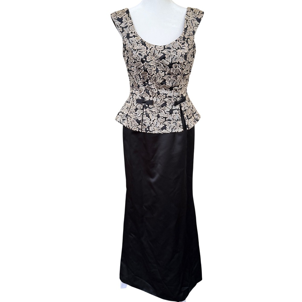 Vintage Eve of Milady Gown Black Gold‎ Brocade Peplum Formal Dress USA 10 VTG